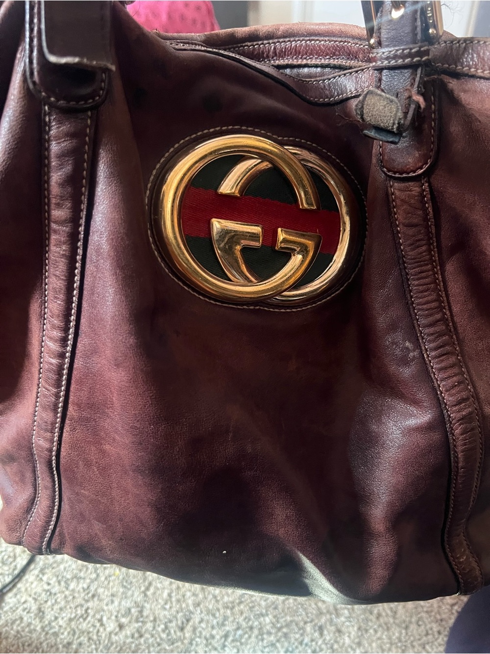 Gucci Brown Leather Shoulder Bag with Gold Double G and Green-Red Web